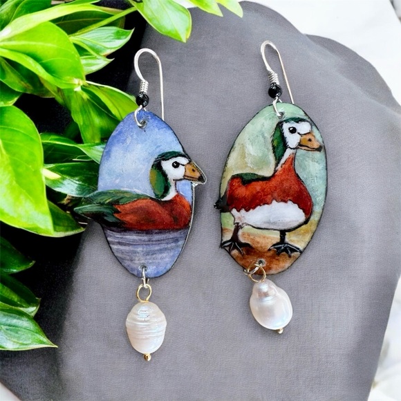 African pygmy geese handpainted earrings sterling birds goose ducks OOAK - Picture 1 of 6